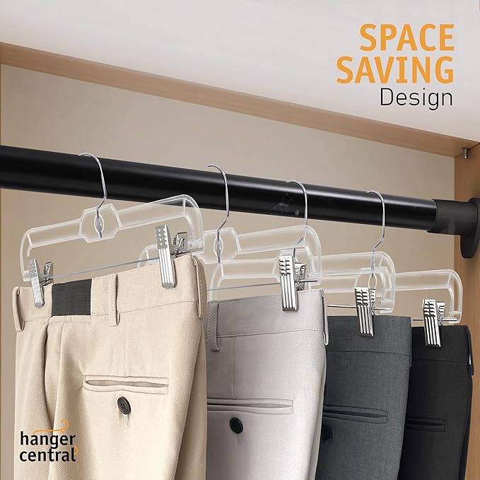 Hanger Central Premium 14 Inch Clear Pants Hangers with Adjustable Clips - 25 Pack Space-Saving Skirt Hangers - Non-Slip Heavy Duty Plastic Closet Organizers with 360° Swivel Hook