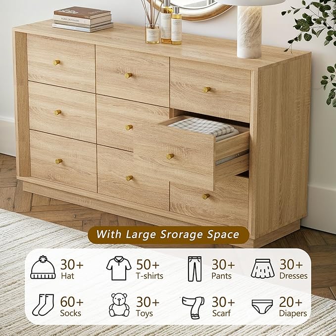 9 Drawer Dresser, Mid Century Modern Dresser with Storage, 55" Wide Chest of Drawers with Wood Grain Texture, Drawers Organizer for Bedroom, Living Room, Hallway, Oak