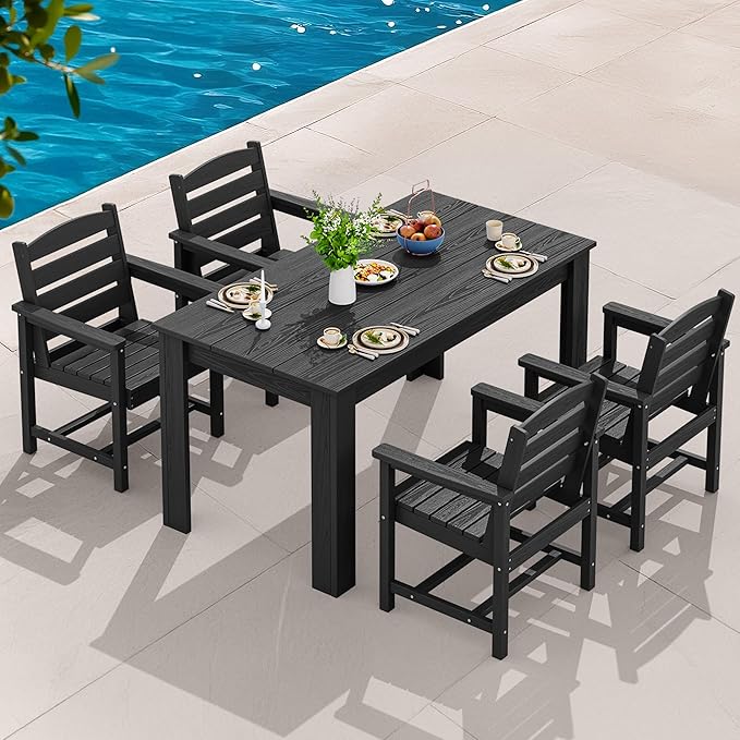 SERWALL HDPE Dining Set for 4, Outdoor Dining Sets for 4 Person with 1 Umbrella Hole Cut-Out Rectangular Table and 6 Chairs, Patio Dining Sets for Garden, Backyard, Poolside, Black