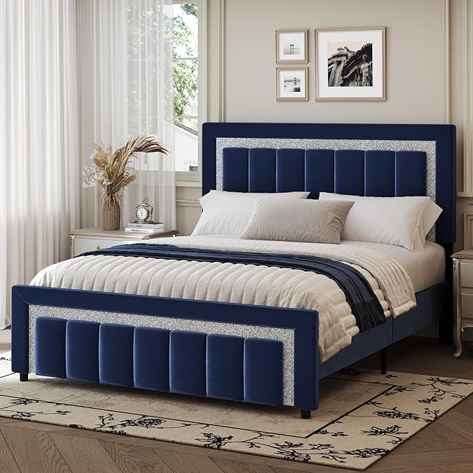 HOMBCK Queen Bed Frame with Headboard and Footboard and Footboard, Velvet Upholstered Platform Bed Frame with Diamond Design, No Box Spring Needed, Easy Assembly, Blue