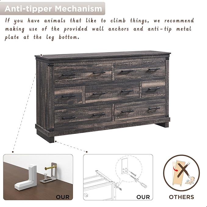 Farmhouse 7 Drawers Dresser for Bedroom, Wood Large Chest of Drawers with Thick Plank Styling, Rustic Closet Dresser for Bedroom, Living Room, Dark Rustic Oak