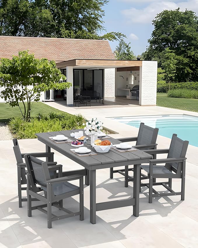 SERWALL 5 Piece Outdoor Dining Table Sets for 4 with 1 Umbrella Hole Cut-Out Rectangular Table and 4 Textilene Chairs, HDPE Dining Table Sets for Garden, Backyard, Poolside, Gray