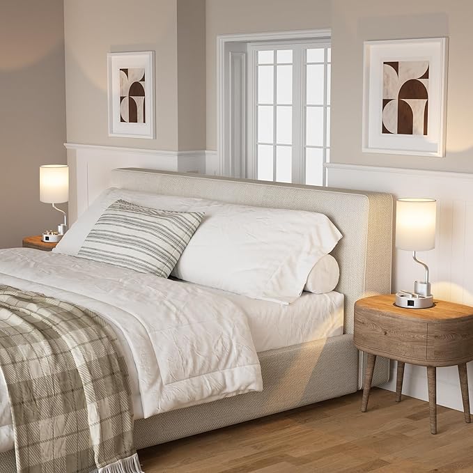 Grey Bedside Table Lamps for Bedroom Set of 2 - Nightstand Light with AC Outlet and USB A & C for Charging, 3 Color Temperatures Desk Lamp with Pen Holder & Phone Stand for Living Room/Dorm/Office