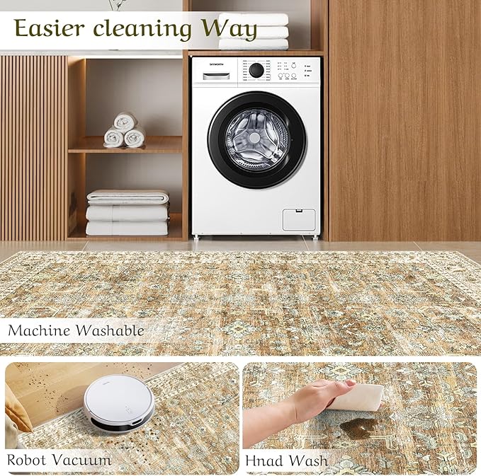 HOMFINE Machine Washable Rug 9'x12' - Vintage Design Area Rugs with Non Slip Rugs for Living Room Bedroom Floral Print Rug Carpet Stain Resistant, Home Decor Office Area Rug, Beige Brown