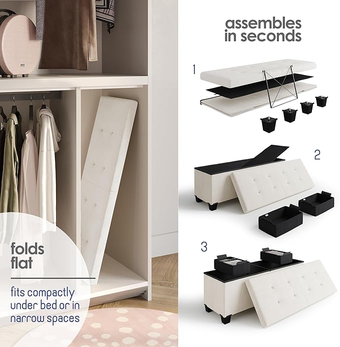 STORAGEBUD Storage Ottoman Bench with Bins, 43-in Storage Bench for Bedroom End of Bed, Folding Foot Rest Ottoman for Living Room Max 660lbs, Velvet Ottomans, Cream