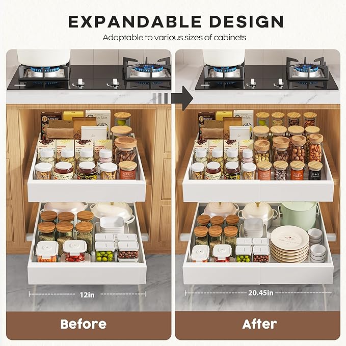 2 Pack Pull Out Cabinet Organizers 21"Deep with Raising Pad for Framed Cabinets,Expandable Slide Out Drawers Upgrade 3 Slide Rails,Roll Out Shelves Adhesive,Adjustable Width 12"-20.45" White