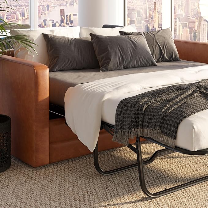 POLY & BARK Napa 82" Pull-Out Convertible Sleeper Sofa in Full-Grain Pure-Aniline Italian Leather, Cognac Tan