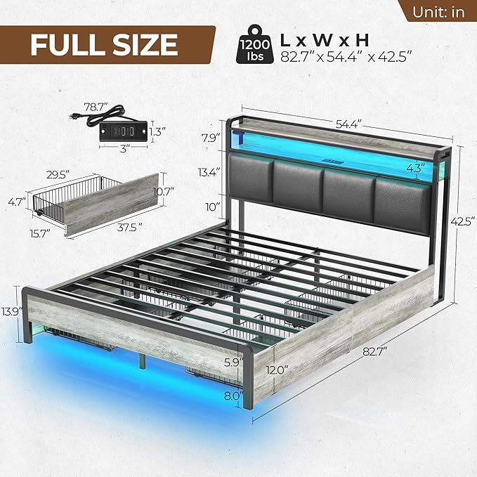 Rolanstar Bed Frame Full Size with Charging Station and LED Lights, Upholstered Storage Headboard with Drawers, Heavy Duty Metal Slats, No Box Spring Needed, Easy Assembly, Vintage Grey and Black