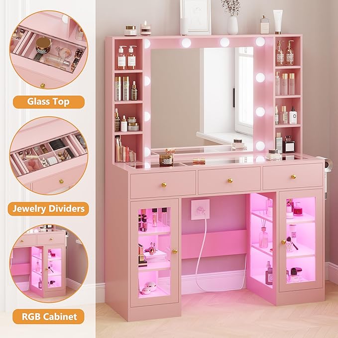 Pink Vanity Desk with Mirror and Lights, Glass Top Vanity with Lighted Mirror & RGB Glass Cabinet and 3 Drawers, Makeup Vanity Desk with Lights Dressing Table for Bedroom, 3 Color Modes