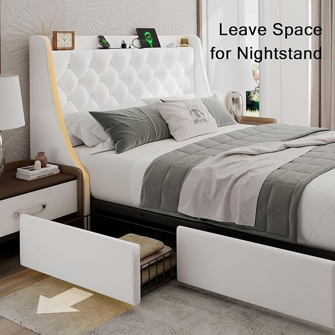 Full Size Bed Frame with 4 Storage Drawers, Upholstered Bed Frame with Large Wingback Headboard, Charging Station, No Box Spring Needed, White