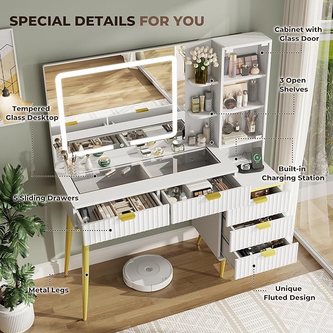 Vanity Desk with Mirror and Lights, Fluted Makeup Vanity with Glass top, 48" Big Modern Vanity with 5 Drawers & Glass Cabinet, White Vanity with 3 Lighting Modes for Bedroom
