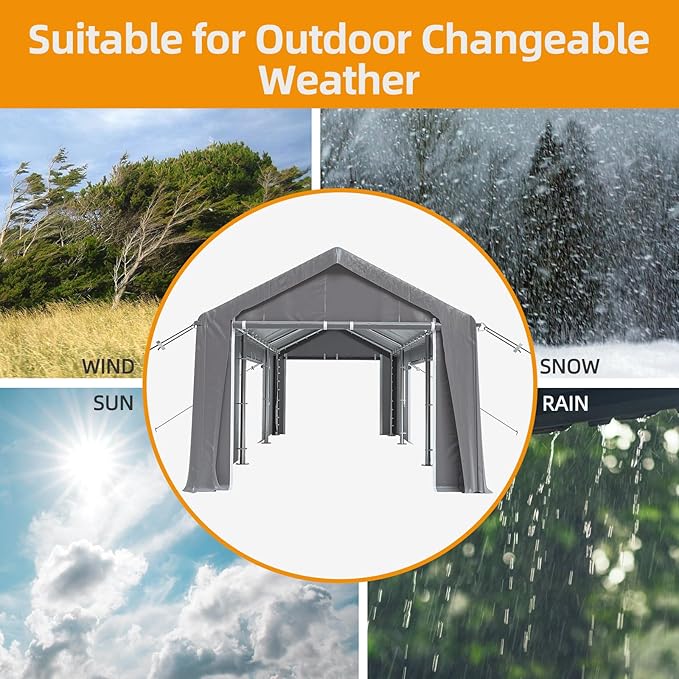 13x20ft Heavy Duty Carport Outdoor Canopy Portable Garage with 4 Doors & 4 Windows Waterproof UV Resistant Storage Shelter with Removable Sidewalls for Car Truck Boat, Gray