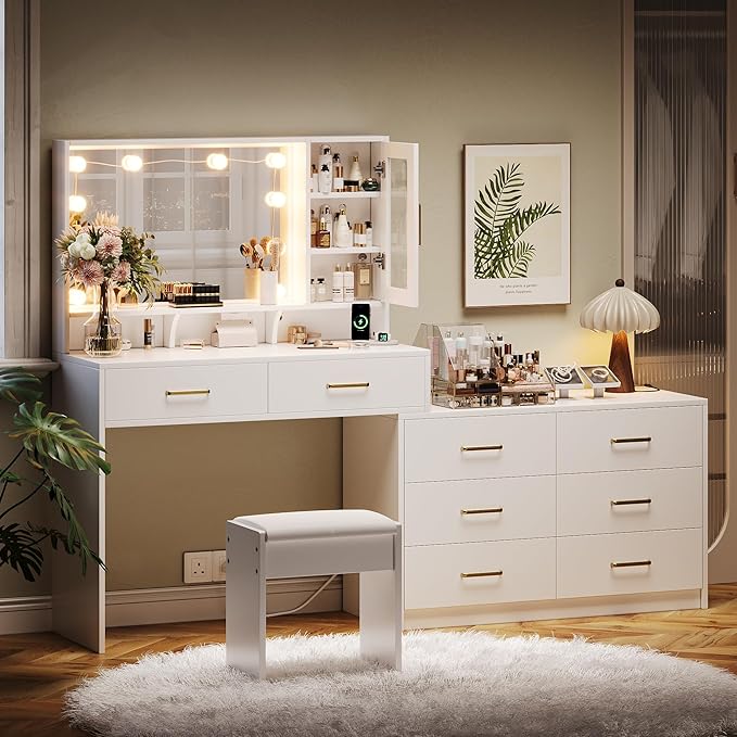 59" Makeup Desk with Drawers & Cabinet & Dresser, White Vanity Table with Drawer Dresser, Large Vanity Table with 8 Drawers, Vanity Desk with Large Mirror and 3-Color Lights for Girls, Dressing Table