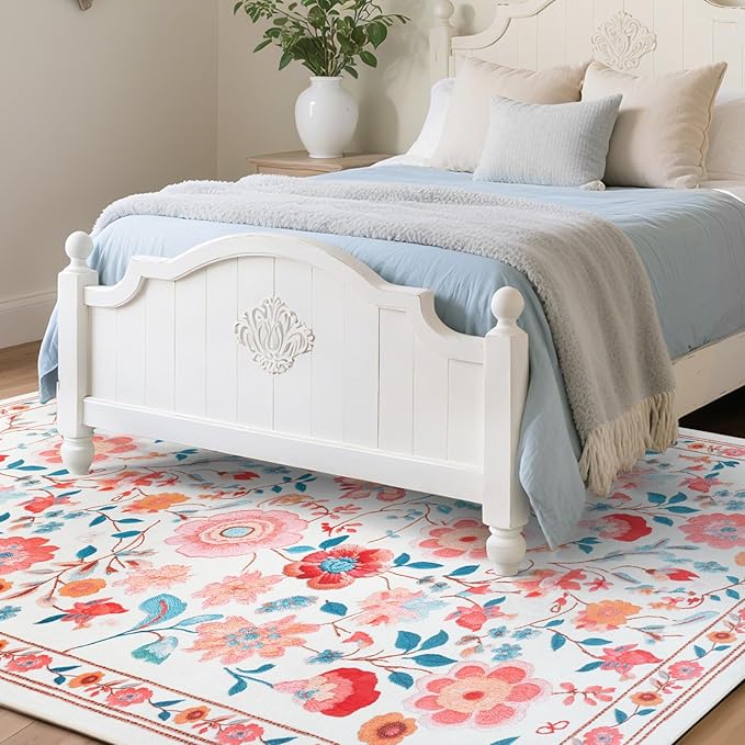 9x12 Area Rug for Living Room Clearance, Modern Washable Rug Non Slip Low Pile Floral Rugs for Living Room, Bedroom, Farmhouse, Dining Room, Kids Playroom, Beige