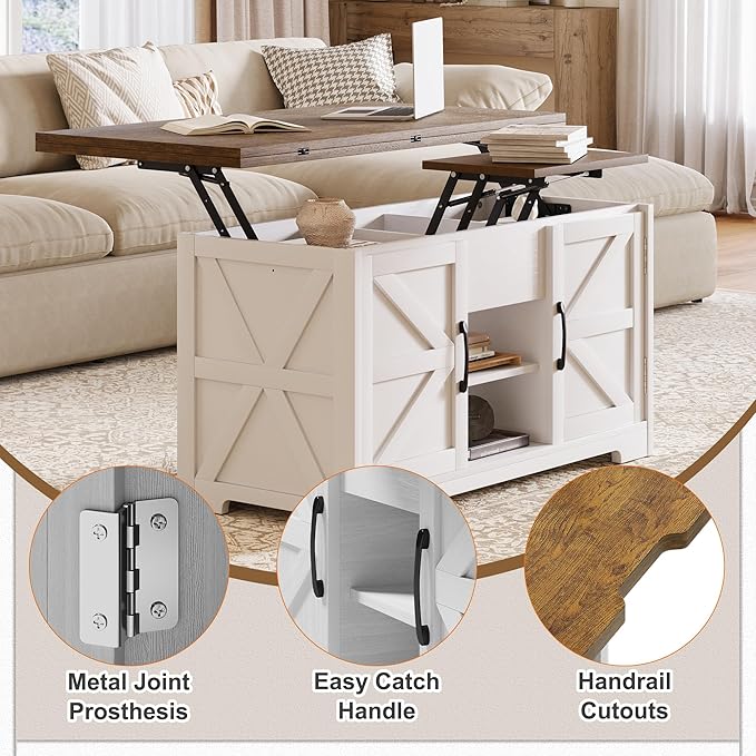 Lift Top Coffee Table with Storage, 4 in 1 Multi-Function Convertible Tea Tables with Hidden Compartment, Farmhouse Center Table Converts to Dining Table for Living Room, Brown