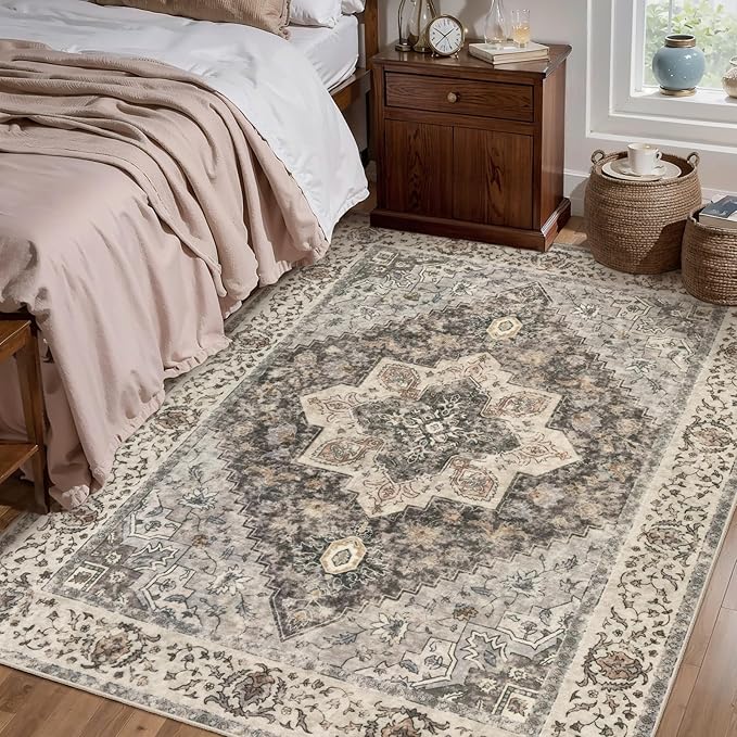 Tangsoo Washable Rug 4x6 Area Rug, Vintage Rug Indoor for Living Room, Non Slip Machine Washable Large Rugs, Soft Print Distressed Brown/Grey Farmhouse Carpet for Bedroom Dining Room Dorm Office