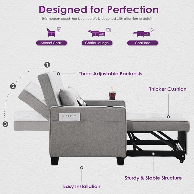 TYBOATLE Convertible Sleeper Chair Bed for Adults, 3-in-1 Pull Out Sofa Chair Bed with USB/Type-C Ports, Cup Holders, Side Pockets, Single Sofa for Living Room, Bedroom, Small Space (Grey)