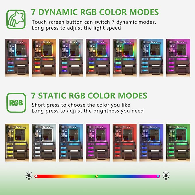 HNEBC Vanity Desk with Sliding Mirror and LED Lights, RGB Vanitys with Charging Station, Makeup Vanitys with Remote Control, White Dresser with Stool/Lager Drawers for Bedroom (Grey)