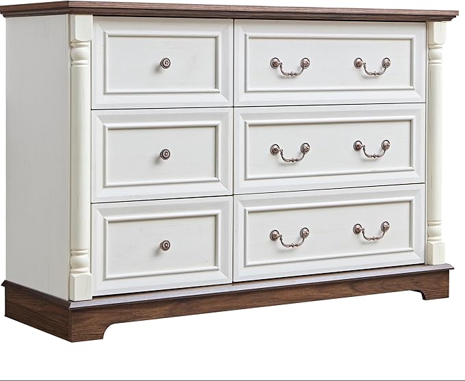 Farmhouse 6 Drawer Dresser with Roman Column Design, 47" Wide Wood Chest of Drawers for Bedroom, Living Room, Antique White