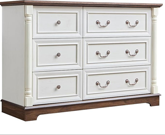 Farmhouse 6 Drawer Dresser with Roman Column Design, 47" Wide Wood Chest of Drawers for Bedroom, Living Room, Antique White