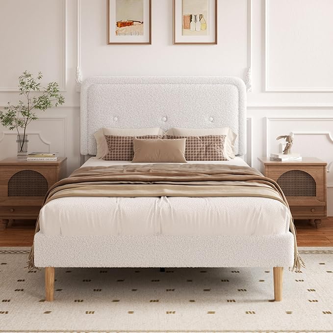 Full Size Boucle Platform Bed Frame, Anti-Collision Soft Rounded Corners, Adjustable Headboard, No Box Spring Needed, Easy Assembly, Noise Free, White