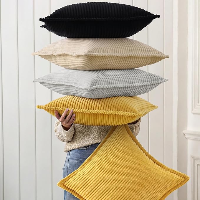 decorUhome Corduroy Black Throw Pillow Covers 26x26 Set of 2 Decorative Soft Boho Striped Neutral Euro Farmhouse Couch Pillow Covers with Broadside for Living Room Bed Sofa