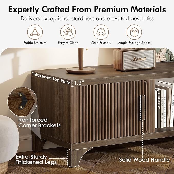 Mid Century Modern TV Stands for 55/60/65 Inch TV Boho Media Console for Living Room Fluted TV Entertainment Center with Storage Wood Television Cabinet for Bedroom