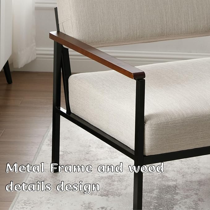 Set of 2 Mid Century Modern Accent Chair Arm Chairs, Comfy Armchair Linen Upholstered with Black Metal, Beige