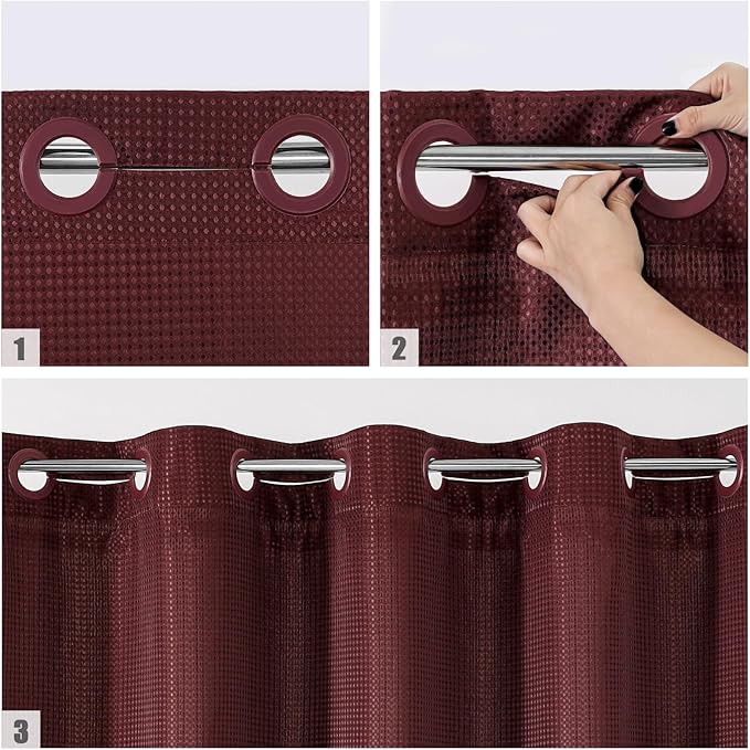 MitoVilla Burgundy Waffle Small Stall Shower Curtain 36 x 74, No Hooks Required Half Size Narrow Fabric Cloth Shower Curtain Set with Snap-in Liner for Modern Bathroom Decor, Burgundy