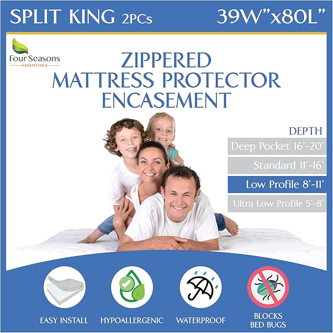Split King Mattress/Box Spring Encasement 39" x 80" (2PCs) - Waterproof Zippered Protector Hypoallergenic Premium Quality Bed Cover - Breathable Smooth Fabric