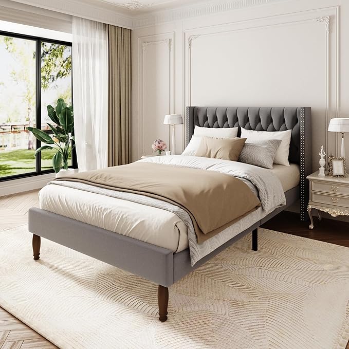 Full Size Velvet Upholstered Bed Frame, 49.2" Tall Wingback Headboard, Deep Button Tufted, No Box Spring Needed, Solid Wood Legs, Grey