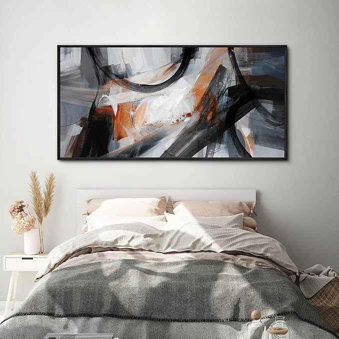 KLAKLA Wall Art for Living Room - Black and Orange Boho Abstract Canvas Framed Wall Decor Office Bedroom Art Modern Large Picture Artwork for Walls Prints Paintings Artwork 48x24 Inches