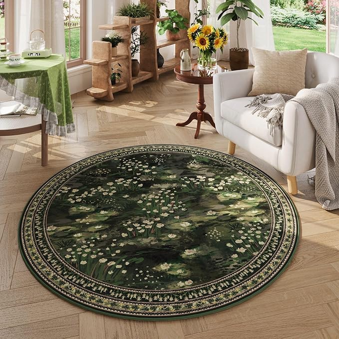 Circle Rug Impressionist-Style Vintage Round Rug 4ft Non Slip Low Pile Small Circular Rug for Bedroom Bathroom Entryway Kids Room Office College Dorm, Green