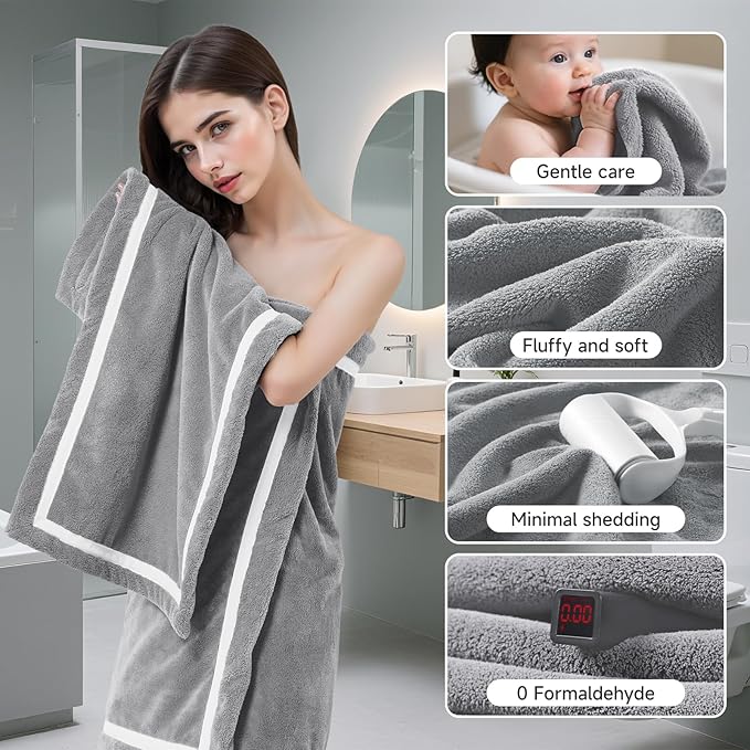 REDKISS Soft 4 Piece Bath Towel Set - 2 Handtowels, 2 Bathtowels | Super Absorbent, No Lint & No Fading,Ultra-Fiber Coral Fleece | Perfect for Bathroom, Spa, Gym | Family & Adults-Grey Gray Sets