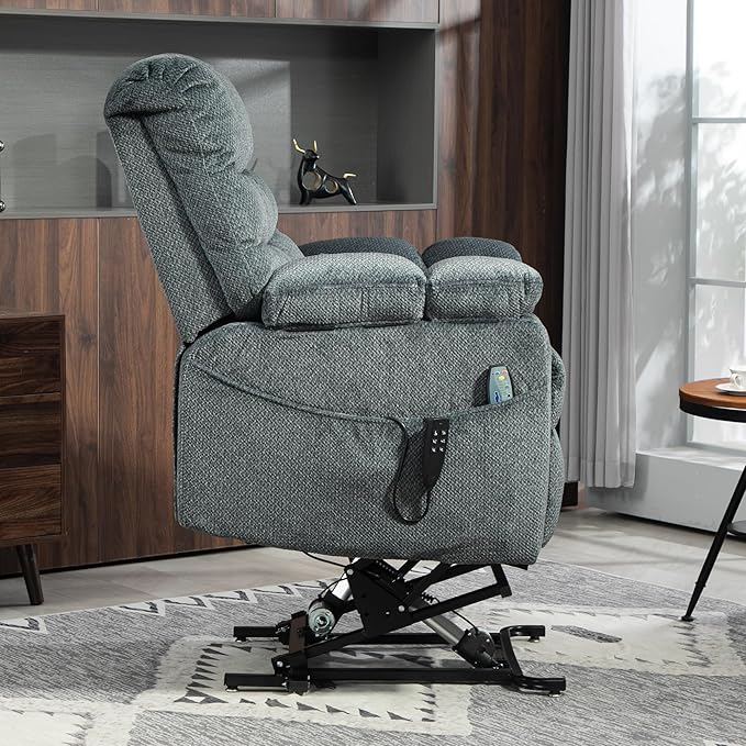 3-Motor Lift Chair with Adjustable Seat Height Zero Gravity Lay Flat Recliner with Heat Massage - Flip Arm Storage Cup Holders - Power Lift Recliner for Elderly – Big Tall 400 lbs (Slate Blue)