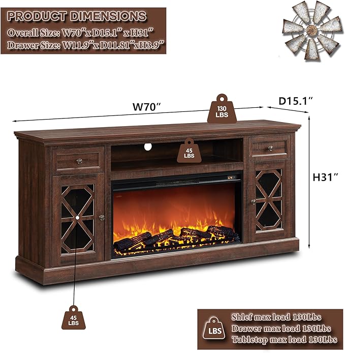 Farmhouse Fireplace TV Stand with 36" Electric Fireplace for 80 Inch TVs, 31" Tall Entertainment Center w/Drawer & Diamond Panel Door, Highboy Media Console for Living Room, 70inch, Brown
