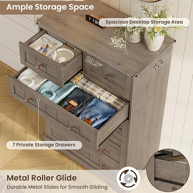 Hasuit Farmhouse Dresser for Bedroom, 7 Drawers Dresser, 51.4"Tall Dressers Chest of Drawers with Hand Carved Panel, Large Wood Closet Storage Organizer Rustic Dressers for Bedroom Living Room Hallway