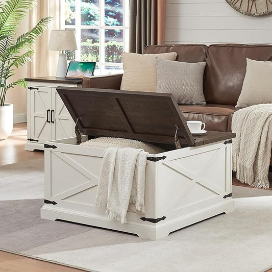 Farmhouse Square Coffee Table with Storage, Wood Center Table with Hinged Lift Top, Rustic Cocktail Table with Large Hidden Storage Compartment for Living Room, Bedroom,Antique White