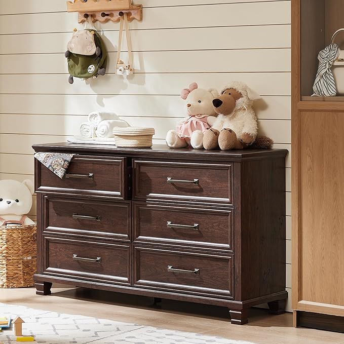 Farmhouse Walnut Bedroom Sets of 4, Includes 6 Drawer Large Dresser, Low 2 Drawers Night Stand with Charging Station, Small 5 Chest of Drawers, Wood Rustic Dresser & Nightstand Set for Home