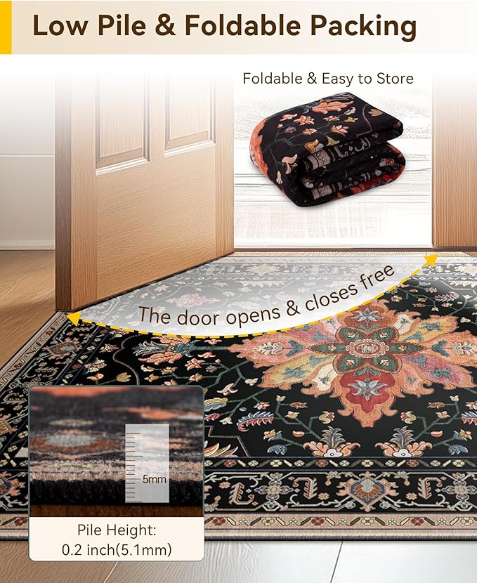 Area Rugs 8'x10' Washable Non-Slip, Floral Vintage Distress Print Pattern Medallion Carpet for Living Room Bedroom Dining Room, Black Colorful Floral Dark Tan