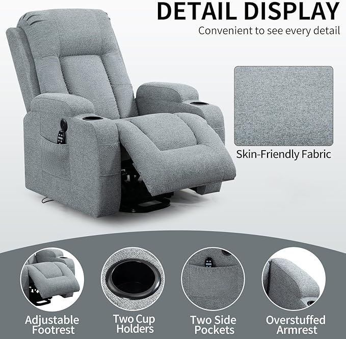 PELUMY Power Lift Recliner Chair for Elderly with Massage & Heat - Heavy Duty Electric Lift Chair, Oversized Recliner, Lay Flat, 8-Point Vibration, Lumbar Heating, USB Port, Cup Holders (Grey)