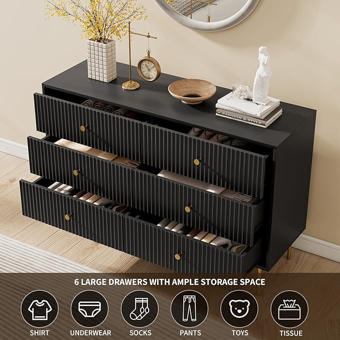 6 Drawer Double Dresser for Bedroom, Black Dresser with Gold Handles, Black 6 Drawer with Fluted Panels for Bedroom