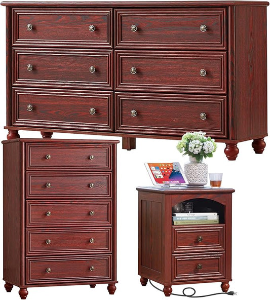 Farmhouse Dressers & Night Stand Set of 3, Wood 54" Wide Dresser & 45"Tall Chest of Drawers, 18" with Charging Station Nightstand, Bedroom Furniture 6 Drawer Dresser Set for Home Living Room Hallway