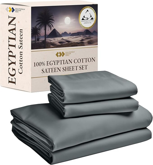 California Design Den Certified Luxury 100% Egyptian Cotton Bed Sheets Full, Deep Pocket Full Size Sheets Set, Soft and Breathable Sateen, Luxury Cotton Sheets (Grey, Full)