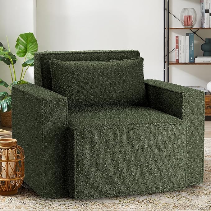 ELUCHANG Oversized Accent Chair,Modern Boucle Sofa Chair with Strong Wood Frame,High Supportive & Soft Sponges,Comfy Upholstered Armchair Reading Chairs for Living Room Apartment Small Spaces Green