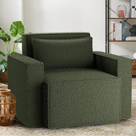 ELUCHANG Oversized Accent Chair,Modern Boucle Sofa Chair with Strong Wood Frame,High Supportive & Soft Sponges,Comfy Upholstered Armchair Reading Chairs for Living Room Apartment Small Spaces Green