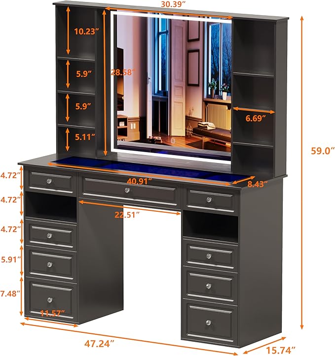 Extra Large Vanity Desk with Lighted Mirror, 47" Makeup Vanity with Glass Top, Black Vanity Table with 9 Drawers, Tall Vanity with Crystal Knobs for Bedroom (Minimalist Style)