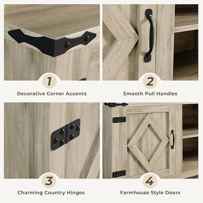 Modern Farmhouse TV Stand for Televisions up to 65’’, Entertainment Center with Storage Cabinets and Sliding Barn Doors, Media TV Consoles for Living Room, Bedroom, Gray Oak