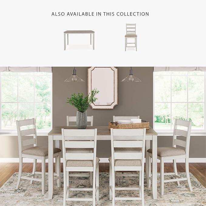 Signature Design by Ashley Skempton Modern Farmhouse Counter Height Dining Table and Upholstered Bar Stools, Set of 7, White & Light Brown