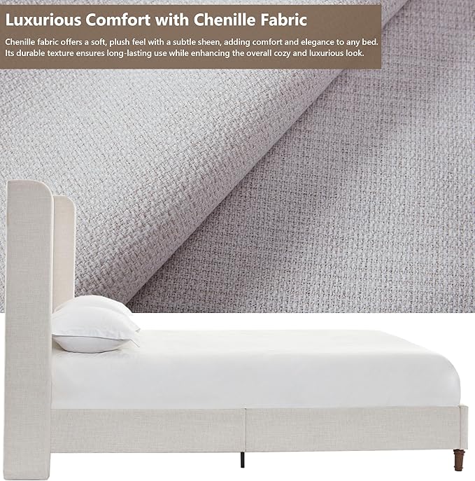 Queen Bed Frame with 54" Tall Wingback Headboard, Chenille Upholstery, Metal and Wood Support, Solid Wood Feet, Box Spring Required (Ivory White Chenille, Queen)